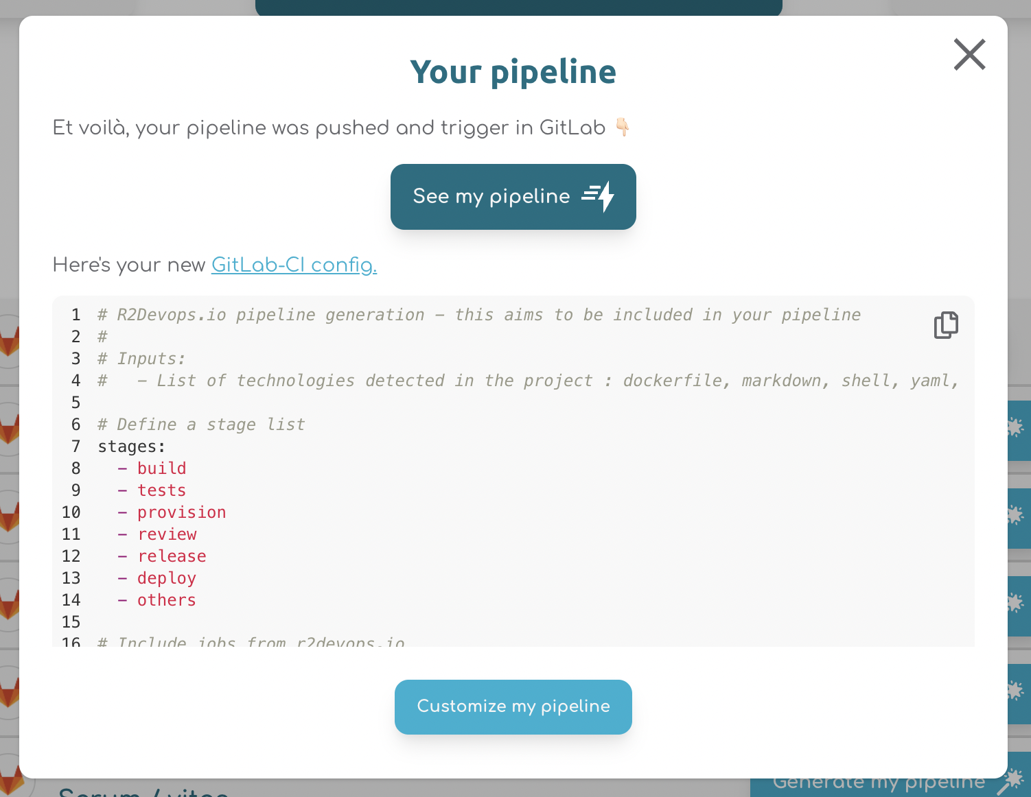 Result of Pipeline Generator, with the Customize button